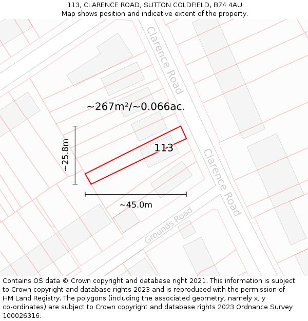 113, CLARENCE ROAD, SUTTON COLDFIELD, B74 4AU: Plot and title map