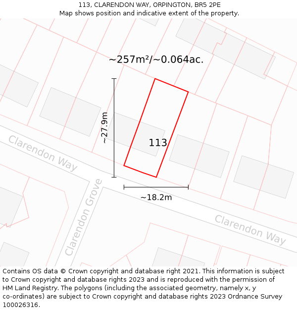 113, CLARENDON WAY, ORPINGTON, BR5 2PE: Plot and title map