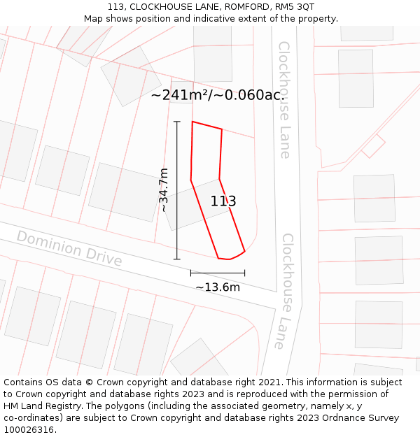 113, CLOCKHOUSE LANE, ROMFORD, RM5 3QT: Plot and title map
