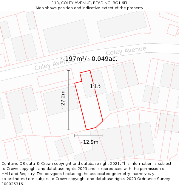113, COLEY AVENUE, READING, RG1 6FL: Plot and title map