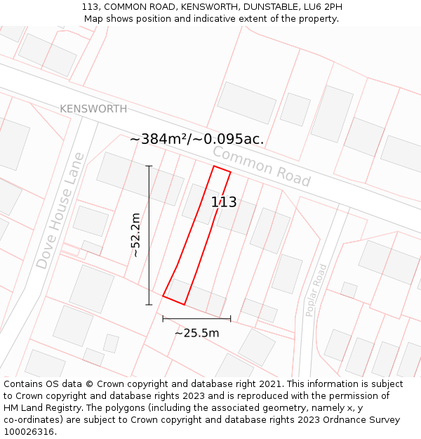 113, COMMON ROAD, KENSWORTH, DUNSTABLE, LU6 2PH: Plot and title map