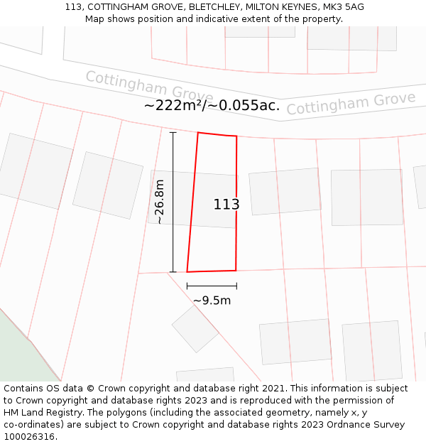 113, COTTINGHAM GROVE, BLETCHLEY, MILTON KEYNES, MK3 5AG: Plot and title map