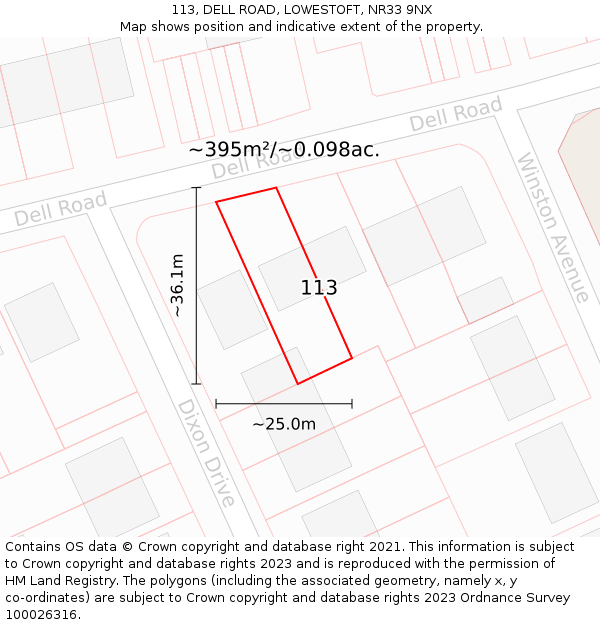 113, DELL ROAD, LOWESTOFT, NR33 9NX: Plot and title map