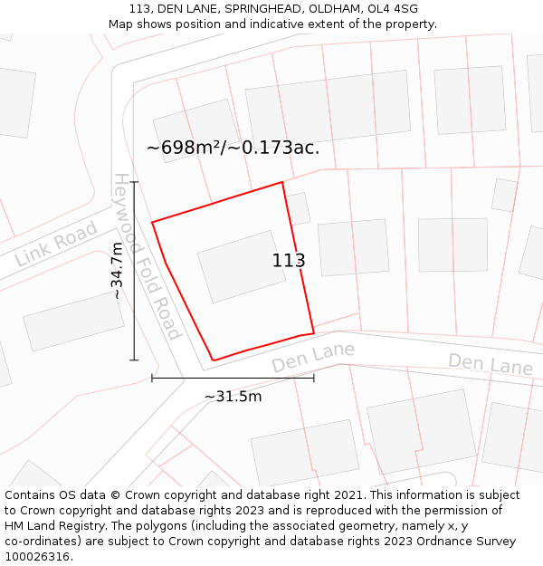 113, DEN LANE, SPRINGHEAD, OLDHAM, OL4 4SG: Plot and title map