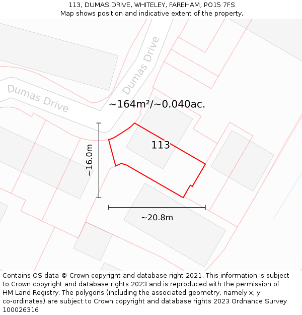 113, DUMAS DRIVE, WHITELEY, FAREHAM, PO15 7FS: Plot and title map