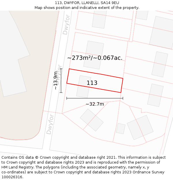 113, DWYFOR, LLANELLI, SA14 9EU: Plot and title map