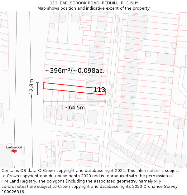 113, EARLSBROOK ROAD, REDHILL, RH1 6HY: Plot and title map