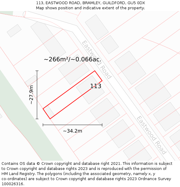 113, EASTWOOD ROAD, BRAMLEY, GUILDFORD, GU5 0DX: Plot and title map