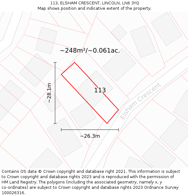 113, ELSHAM CRESCENT, LINCOLN, LN6 3YQ: Plot and title map