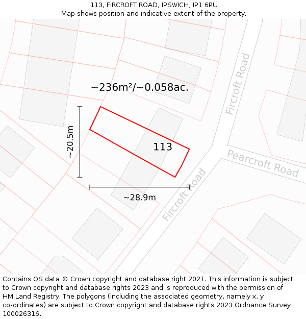 113, FIRCROFT ROAD, IPSWICH, IP1 6PU: Plot and title map