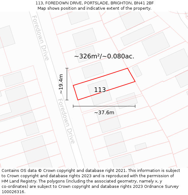 113, FOREDOWN DRIVE, PORTSLADE, BRIGHTON, BN41 2BF: Plot and title map