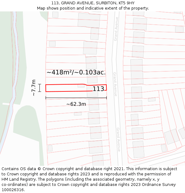 113, GRAND AVENUE, SURBITON, KT5 9HY: Plot and title map