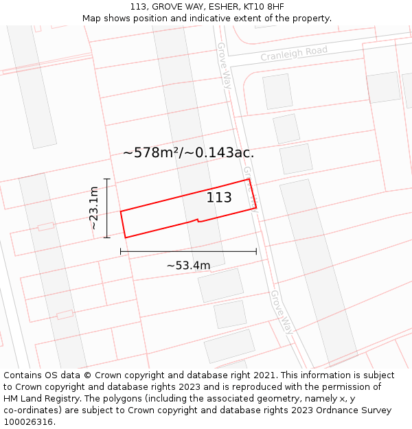 113, GROVE WAY, ESHER, KT10 8HF: Plot and title map