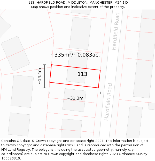 113, HARDFIELD ROAD, MIDDLETON, MANCHESTER, M24 1JD: Plot and title map