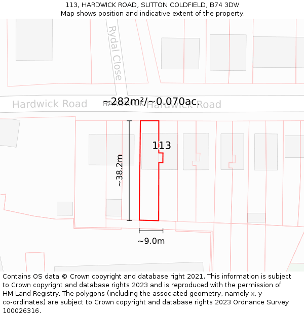 113, HARDWICK ROAD, SUTTON COLDFIELD, B74 3DW: Plot and title map