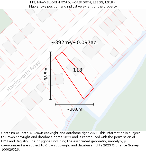113, HAWKSWORTH ROAD, HORSFORTH, LEEDS, LS18 4JJ: Plot and title map