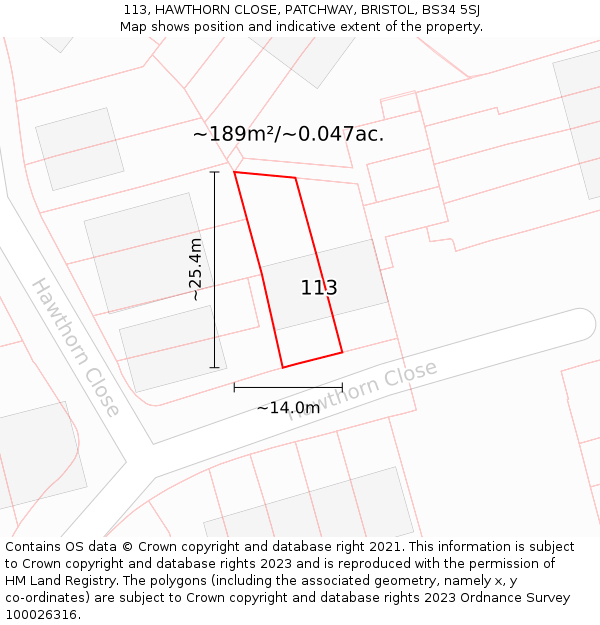 113, HAWTHORN CLOSE, PATCHWAY, BRISTOL, BS34 5SJ: Plot and title map