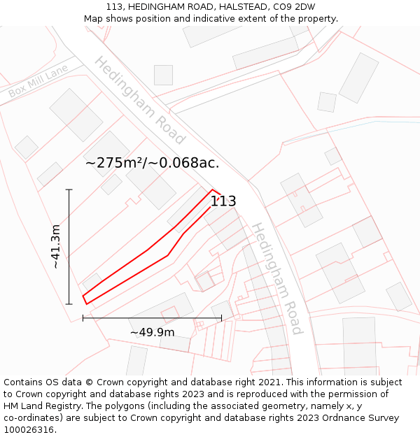 113, HEDINGHAM ROAD, HALSTEAD, CO9 2DW: Plot and title map