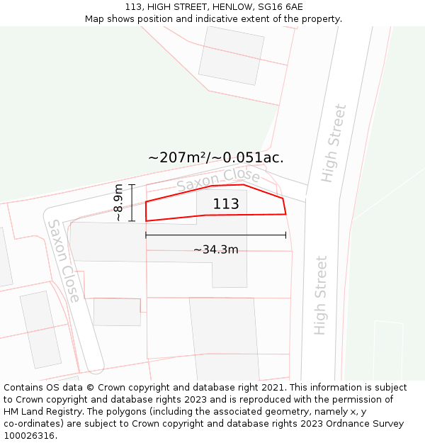113, HIGH STREET, HENLOW, SG16 6AE: Plot and title map