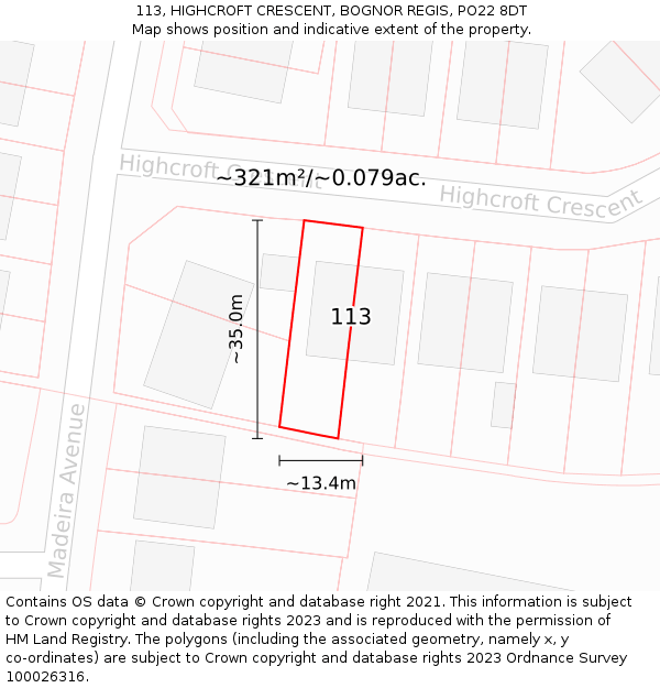 113, HIGHCROFT CRESCENT, BOGNOR REGIS, PO22 8DT: Plot and title map