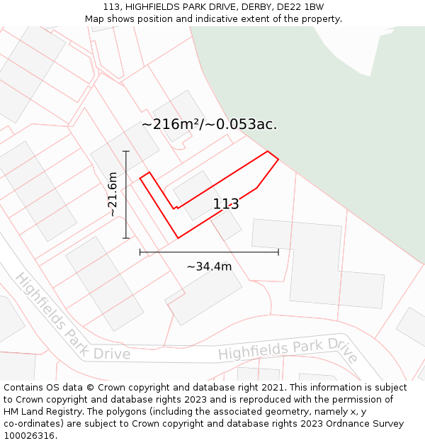 113, HIGHFIELDS PARK DRIVE, DERBY, DE22 1BW: Plot and title map