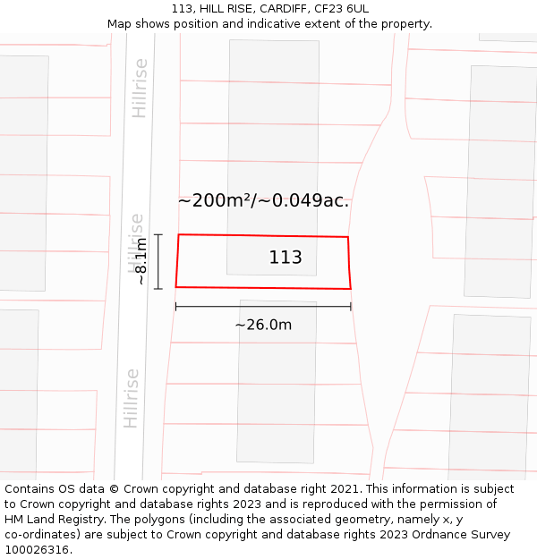 113, HILL RISE, CARDIFF, CF23 6UL: Plot and title map