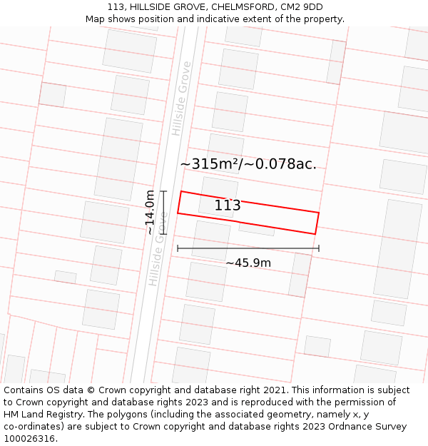 113, HILLSIDE GROVE, CHELMSFORD, CM2 9DD: Plot and title map