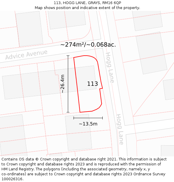 113, HOGG LANE, GRAYS, RM16 6QP: Plot and title map