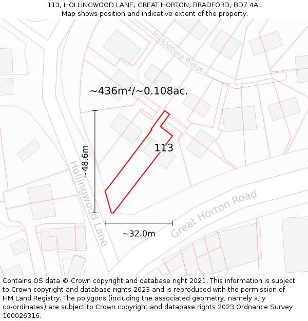 113, HOLLINGWOOD LANE, GREAT HORTON, BRADFORD, BD7 4AL: Plot and title map