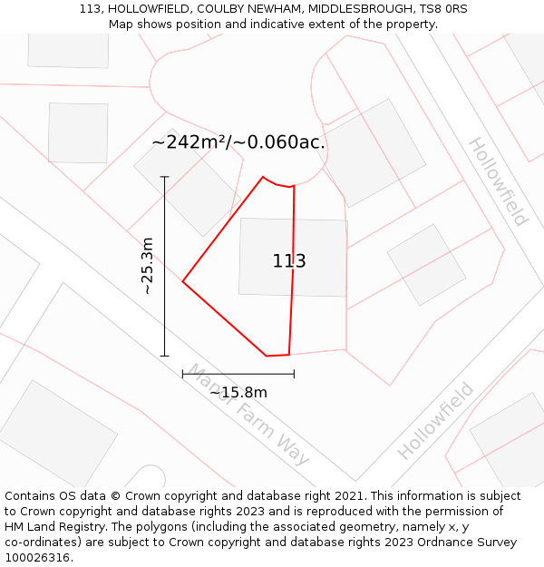 113, HOLLOWFIELD, COULBY NEWHAM, MIDDLESBROUGH, TS8 0RS: Plot and title map