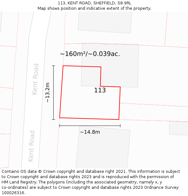 113, KENT ROAD, SHEFFIELD, S8 9RL: Plot and title map