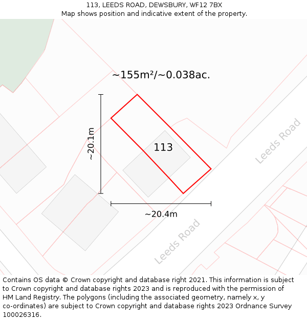113, LEEDS ROAD, DEWSBURY, WF12 7BX: Plot and title map