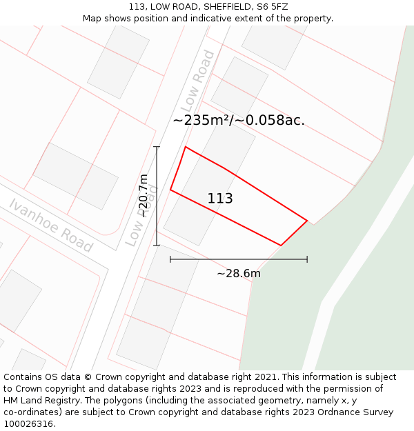 113, LOW ROAD, SHEFFIELD, S6 5FZ: Plot and title map