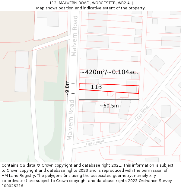 113, MALVERN ROAD, WORCESTER, WR2 4LJ: Plot and title map