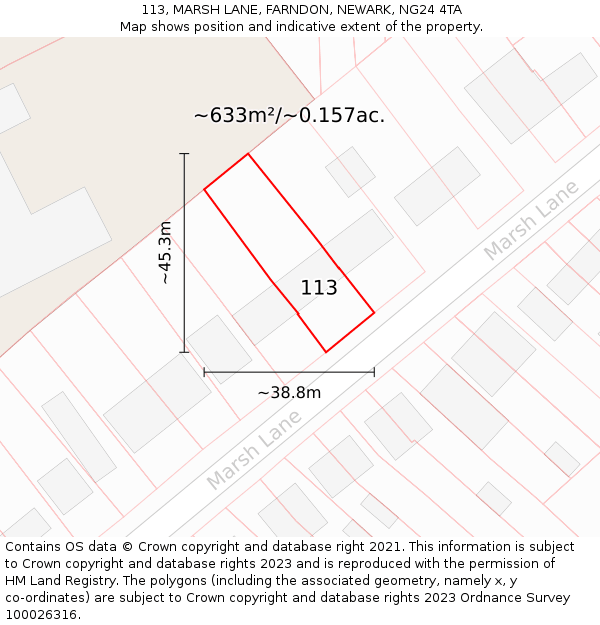 113, MARSH LANE, FARNDON, NEWARK, NG24 4TA: Plot and title map
