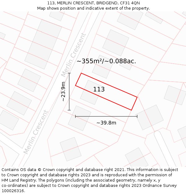 113, MERLIN CRESCENT, BRIDGEND, CF31 4QN: Plot and title map