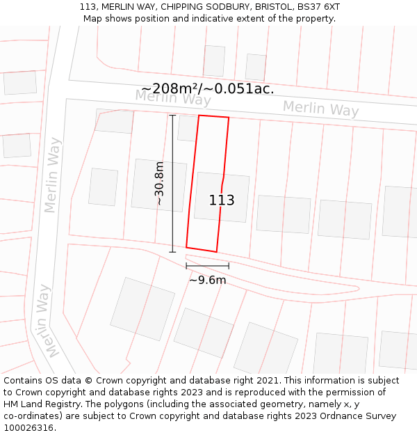 113, MERLIN WAY, CHIPPING SODBURY, BRISTOL, BS37 6XT: Plot and title map