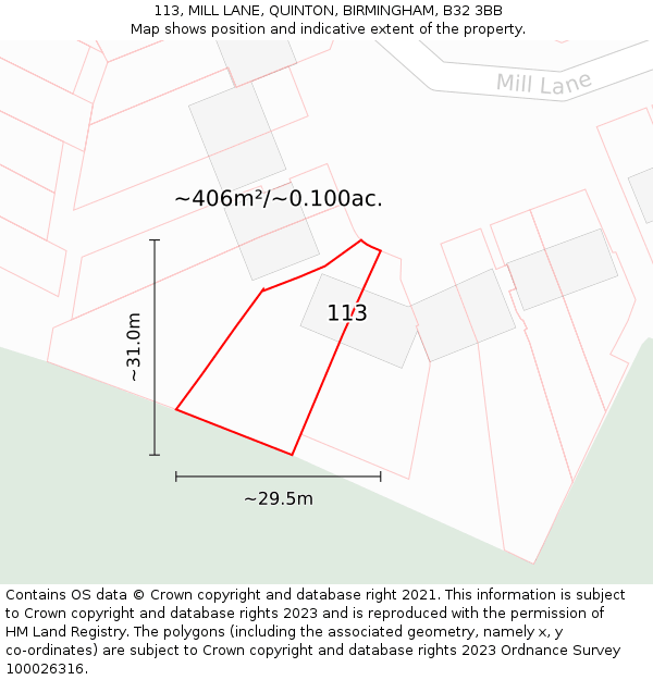 113, MILL LANE, QUINTON, BIRMINGHAM, B32 3BB: Plot and title map