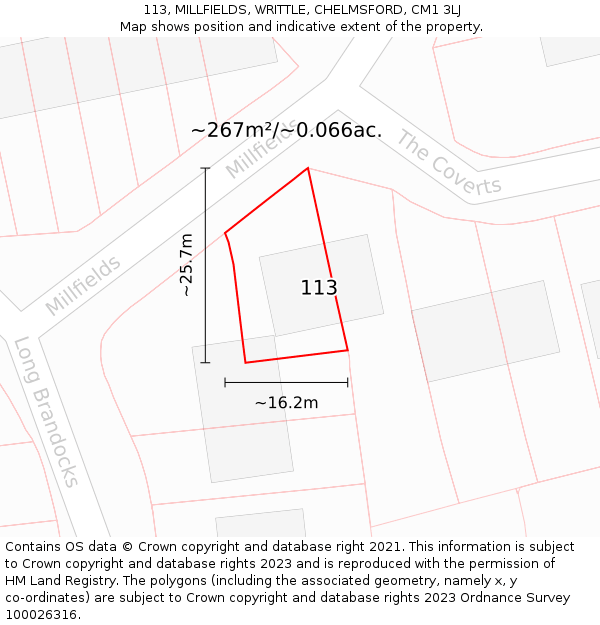 113, MILLFIELDS, WRITTLE, CHELMSFORD, CM1 3LJ: Plot and title map