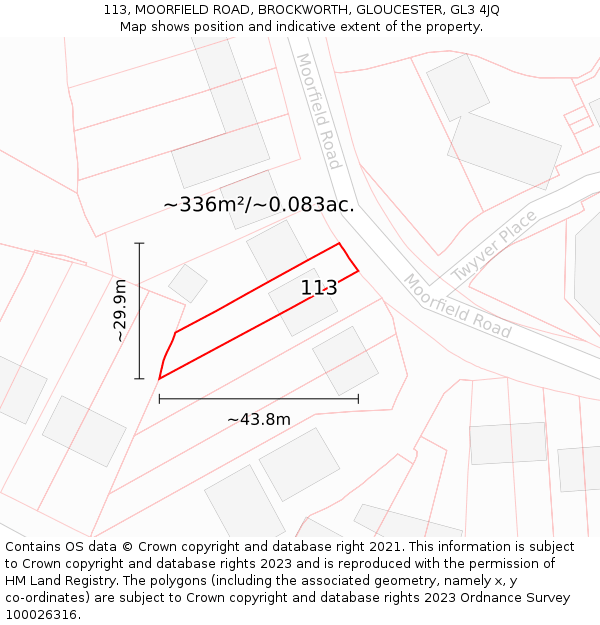 113, MOORFIELD ROAD, BROCKWORTH, GLOUCESTER, GL3 4JQ: Plot and title map