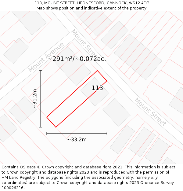 113, MOUNT STREET, HEDNESFORD, CANNOCK, WS12 4DB: Plot and title map