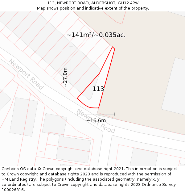 113, NEWPORT ROAD, ALDERSHOT, GU12 4PW: Plot and title map