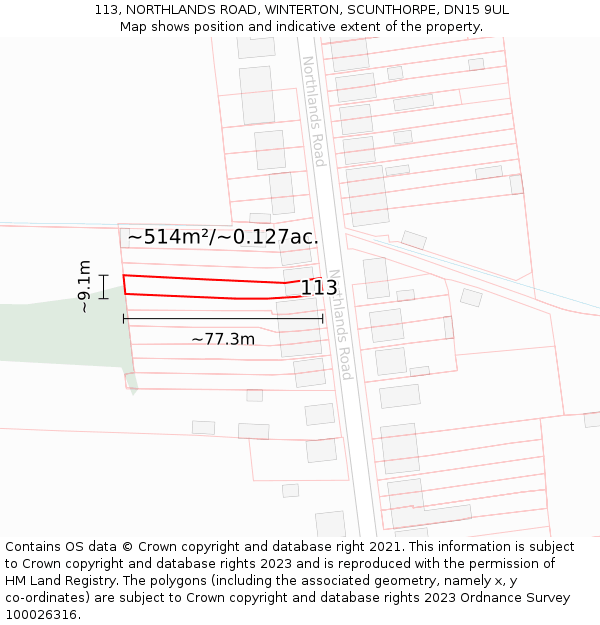 113, NORTHLANDS ROAD, WINTERTON, SCUNTHORPE, DN15 9UL: Plot and title map