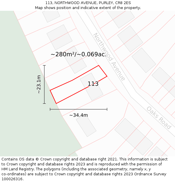 113, NORTHWOOD AVENUE, PURLEY, CR8 2ES: Plot and title map