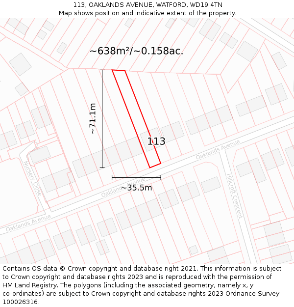 113, OAKLANDS AVENUE, WATFORD, WD19 4TN: Plot and title map