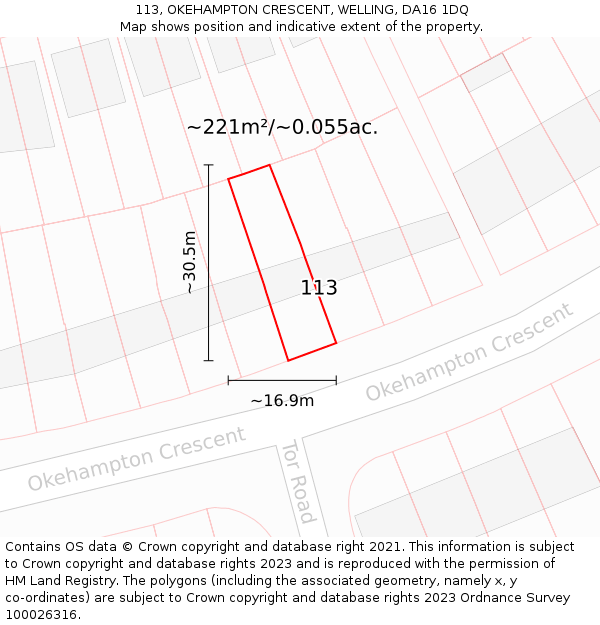 113, OKEHAMPTON CRESCENT, WELLING, DA16 1DQ: Plot and title map
