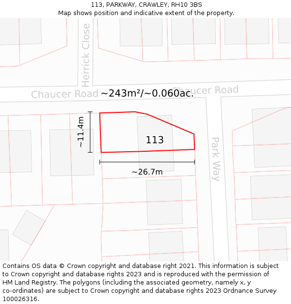 113, PARKWAY, CRAWLEY, RH10 3BS: Plot and title map