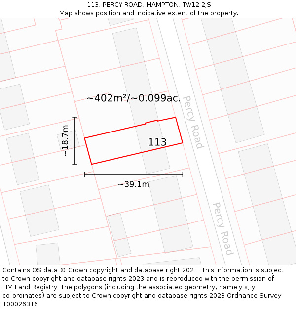113, PERCY ROAD, HAMPTON, TW12 2JS: Plot and title map