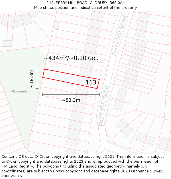 113, PERRY HILL ROAD, OLDBURY, B68 0AH: Plot and title map