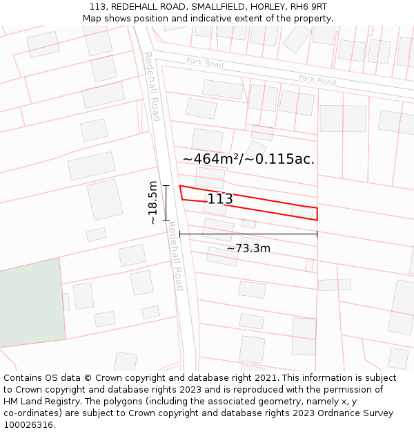 113, REDEHALL ROAD, SMALLFIELD, HORLEY, RH6 9RT: Plot and title map